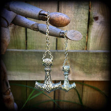 Load image into Gallery viewer, Thors Hammer earrings Rune Viking Plug earrings Occult Viking Norse Esoteric Gauged earrings Pierced ears Tunnel dangles Ear weights 00g 0g