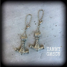 Load image into Gallery viewer, Thors Hammer earrings Rune Viking Plug earrings Occult Viking Norse Esoteric Gauged earrings Pierced ears Tunnel dangles Ear weights 00g 0g