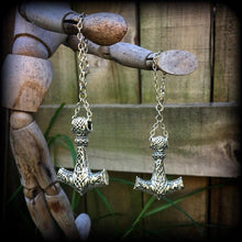 Load image into Gallery viewer, Thors Hammer earrings Rune Viking Plug earrings Occult Viking Norse Esoteric Gauged earrings Pierced ears Tunnel dangles Ear weights 00g 0g