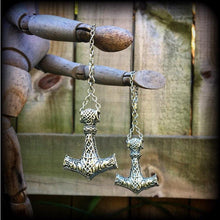 Load image into Gallery viewer, Thors Hammer earrings Rune Viking Plug earrings Occult Viking Norse Esoteric Gauged earrings Pierced ears Tunnel dangles Ear weights 00g 0g