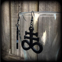 Load image into Gallery viewer, Brimstone earrings Occult earrings Church of Satan earrings Sigil of Sulphur 20g Plug dangles Earrings for stretched lobes and pierced ears
