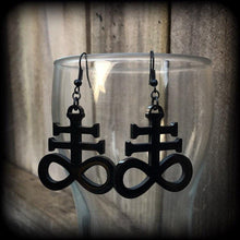 Load image into Gallery viewer, Brimstone earrings Occult earrings Church of Satan earrings Sigil of Sulphur 20g Plug dangles Earrings for stretched lobes and pierced ears