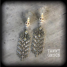 Load image into Gallery viewer, Skull earrings Heart earrings Dangle earrings Erzulie earrings Voodoo earrings Chandelier earrings Santeria jewelry Voodoo Day of the dead