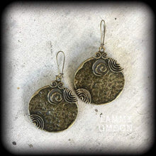 Load image into Gallery viewer, Voodoo earrings, Large bronze earrings, Tribal earrings, Ornate bronze earrings, Ogoun jewelry, Tunnel earrings, Plug earrings, Loa jewelry