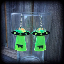 Load image into Gallery viewer, UFO earrings Alien earrings Space earrings Space ship earrings XFiles earrings Alien abduction Tunnel earrings Plug earrings Gauged earrings