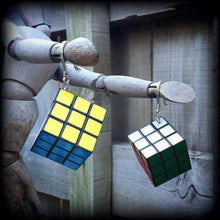 Load image into Gallery viewer, Rubiks cube earrings Magic cube earrings Nerd earrings Gamer earrings Retro earrings Pop Culture 80's jewelry 3mm tunnel earrings 8 gauge