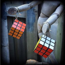 Load image into Gallery viewer, Rubiks cube earrings Magic cube earrings Nerd earrings Gamer earrings Retro earrings Pop Culture 80's jewelry 3mm tunnel earrings 8 gauge