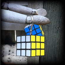 Load image into Gallery viewer, Rubiks cube earrings Magic cube earrings Nerd earrings Gamer earrings Retro earrings Pop Culture 80's jewelry 3mm tunnel earrings 8 gauge