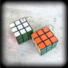 Load image into Gallery viewer, Rubiks cube earrings Magic cube earrings Nerd earrings Gamer earrings Retro earrings Pop Culture 80's jewelry 3mm tunnel earrings 8 gauge
