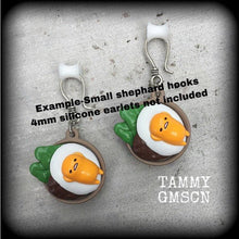 Load image into Gallery viewer, Egg earrings Japanese earrings Kawaii earrings Egg jewelry Lazy egg earrings 3mm tunnel dangles Hanging gauges Tunnel earrings Plug earring