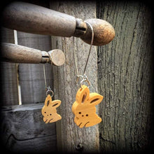 Load image into Gallery viewer, Rabbit earrings Cute earrings Pet earrings Wood earrings Animal earrings Dangle earrings Organic earrings 2g Plug dangles 3mm Tunnel dangles