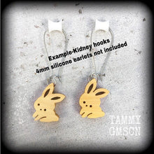 Load image into Gallery viewer, Rabbit earrings Cute earrings Pet earrings Wood earrings Animal earrings Dangle earrings Organic earrings 2g Plug dangles 3mm Tunnel dangles