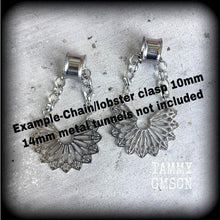 Load image into Gallery viewer, Mandala earrings Tunnel earrings Sacred Geometry Geometric jewelry Mandala jewelry Triangle earrings Tunnel dangles Gauged earrings 8g 6g 4g