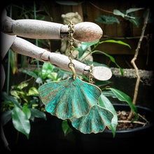 Load image into Gallery viewer, Leaf earrings Ginko earrings Goddess jewelry Nature jewelry Plug earrings Patina earrings Gauged earrings 6mm tunnel dangles 8mm plug dangle