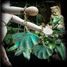 Load image into Gallery viewer, Leaf earrings Ginko earrings Goddess jewelry Nature jewelry Plug earrings Patina earrings Gauged earrings 6mm tunnel dangles 8mm plug dangle