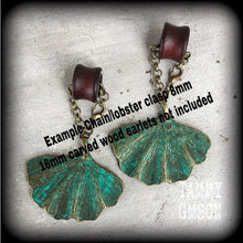 Load image into Gallery viewer, Leaf earrings Ginko earrings Goddess jewelry Nature jewelry Plug earrings Patina earrings Gauged earrings 6mm tunnel dangles 8mm plug dangle