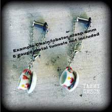 Load image into Gallery viewer, Tea cup earrings Tea Party Heart earrings Tea cup jewelry Alice in Wonderland 5mm Tunnel earrings 4mm Tunnel dangles 3mm Plug earrings Plugs
