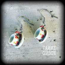 Load image into Gallery viewer, Tea cup earrings Tea Party Heart earrings Tea cup jewelry Alice in Wonderland 5mm Tunnel earrings 4mm Tunnel dangles 3mm Plug earrings Plugs