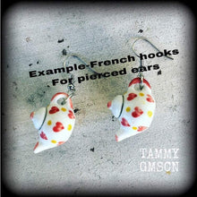 Load image into Gallery viewer, Tea Pot earrings Heart earrings Retro earrings Alice in Wonderland Devonshire Tea Tunnel earrings Queen of hearts Pierced ears Plug earrings