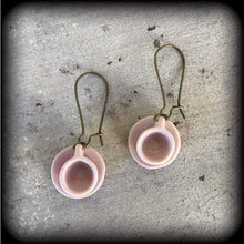 Load image into Gallery viewer, Tea cup earrings Tea Party earrings Kawaii earrings Pink earrings Alice in Wonderland 3mm plug earrings 3mm plug dangles 6mm tunnel earrings