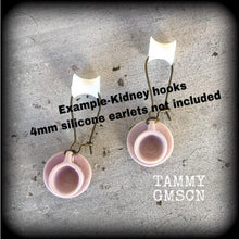 Load image into Gallery viewer, Tea cup earrings Tea Party earrings Kawaii earrings Pink earrings Alice in Wonderland 3mm plug earrings 3mm plug dangles 6mm tunnel earrings