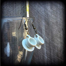 Load image into Gallery viewer, Tea cup earrings Tea Party earrings Gifts for girls Alice in Wonderland Pierced ears 3mm plug earrings 4mm plug dangles 6mm tunnel earrings