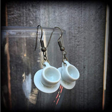 Load image into Gallery viewer, Tea cup earrings Tea Party earrings Gifts for girls Alice in Wonderland Pierced ears 3mm plug earrings 4mm plug dangles 6mm tunnel earrings