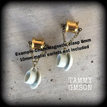 Load image into Gallery viewer, Tea cup earrings Tea Party earrings Gifts for girls Alice in Wonderland Pierced ears 3mm plug earrings 4mm plug dangles 6mm tunnel earrings
