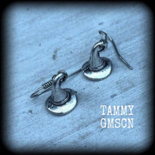 Load image into Gallery viewer, Witches earrings Witches hat earrings Halloween earrings Wizard earrings Occult earrings Evil earrings Samhain earrings Pug dangles Gauges