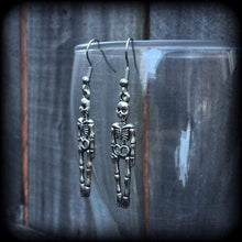 Load image into Gallery viewer, Skeleton earrings Bone earrings Halloween Earrings Dangle earrings Zombie earring Pierced ears Samhain earrings Tunnel dangles Plug earrings