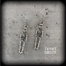 Load image into Gallery viewer, Skeleton earrings Bone earrings Halloween Earrings Dangle earrings Zombie earring Pierced ears Samhain earrings Tunnel dangles Plug earrings