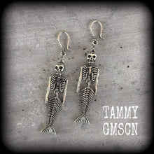 Load image into Gallery viewer, Mermaid earrings Merman earrings Skeleton earrings Halloween earrings Ear hangers Dangle earrings Samhain earrings Tunnel dangles 3mm gauges
