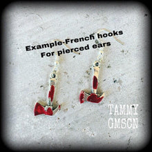 Load image into Gallery viewer, Pickaxe earrings Hatchet earrings Lizzie Borden earrings Weapon earrings Tunnel earrings Plug earrings Murder weapon earrings Gore jewelry