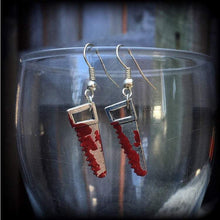 Load image into Gallery viewer, Halloween earrings Bone Saw earrings Saw earrings Horror earrings Morgue earrings Horror jewelry Pierced ears Tunnel earrings Plug dangles