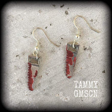 Load image into Gallery viewer, Halloween earrings Bone Saw earrings Saw earrings Horror earrings Morgue earrings Horror jewelry Pierced ears Tunnel earrings Plug dangles