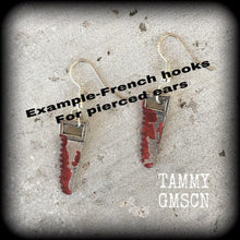 Load image into Gallery viewer, Halloween earrings Bone Saw earrings Saw earrings Horror earrings Morgue earrings Horror jewelry Pierced ears Tunnel earrings Plug dangles