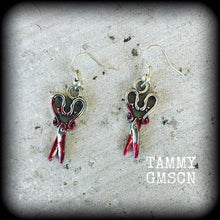 Load image into Gallery viewer, Scissors earrings Halloween earrings Horror movie earrings Psycho earrings Mudrer weapons Gore earrings Morgue earrings Plug earrings Gauges