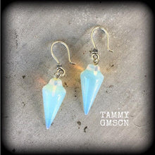 Load image into Gallery viewer, Opalite earrings, Moonstone earrings, Pendulum earrings, Wicca earrings, Gemstone earrings, Tunnel earrings, Crystal, For pierced ears