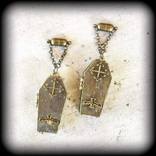 Load image into Gallery viewer, 8mm coffin ear weights Coffin earrings Halloween earrings Skeleton earrings Plug earrings Bronze Tunnel earrings Ear hangers Horror movie