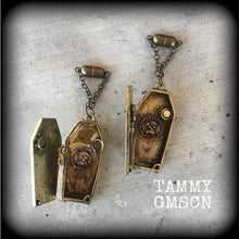 Load image into Gallery viewer, 8mm coffin ear weights Coffin earrings Halloween earrings Skeleton earrings Plug earrings Bronze Tunnel earrings Ear hangers Horror movie