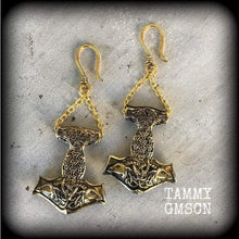 Load image into Gallery viewer, Thors Hammer earrings Rune earrings Viking jewelry Plug earrings Norse earrings Tanngrisnir 3mm Tunnel earrings Asgard Mjolnir Valhalla 8g