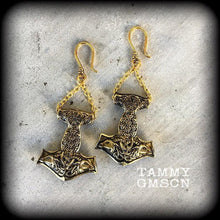 Load image into Gallery viewer, Thors Hammer earrings Rune earrings Viking jewelry Plug earrings Norse earrings Tanngrisnir 3mm Tunnel earrings Asgard Mjolnir Valhalla 8g