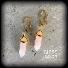 Load image into Gallery viewer, Rose quartz earrings 3mm weights 8 gauge Gemstone plugs Plug earrings Tunnel earrings Hanging gauges Ear hangers Plug gauges Plug dangles 2g
