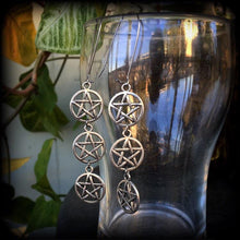 Load image into Gallery viewer, Pentagram earrings Triple pentagram Triple goddess earrings Wicca Witchy Pentacle Tunnel earrings Plug earrings Gauged earrings Kidney hooks