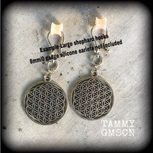 Load image into Gallery viewer, Flower of Life earrings Sacred Geometry Geometric earrings 6mm ear hangers Seed of life 2 gauge plug earrings 0g Tunnel earrings Ear weights