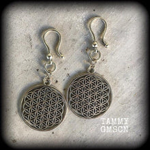 Load image into Gallery viewer, Flower of Life earrings Sacred Geometry Geometric earrings 6mm ear hangers Seed of life 2 gauge plug earrings 0g Tunnel earrings Ear weights