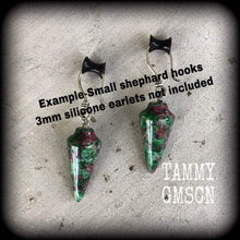 Load image into Gallery viewer, 3mm 8 gauge ear Weights Stone ear Hangers Ruby in Fuchsite Gemstone 4 gauge Tunnel dangles 2 gauge Gauged earrings 0 gage 10mm Plug dangles