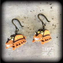 Load image into Gallery viewer, Catbus earrings Nekobasu earrings Kawaii earrings Anime Ghibli Japanese Cat Studio Ghibli Tunnel dangles Tunnel earrings Plug dangles 00g 0g