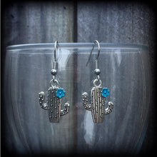 Load image into Gallery viewer, Cactus earrings Succulent earrings Peyote earrings Plant jewelry Vegan earrings Cactus jewellery Tunnel earrings Plug dangles Blue flowers