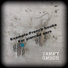 Load image into Gallery viewer, Cactus earrings Succulent earrings Peyote earrings Plant jewelry Vegan earrings Cactus jewellery Tunnel earrings Plug dangles Blue flowers